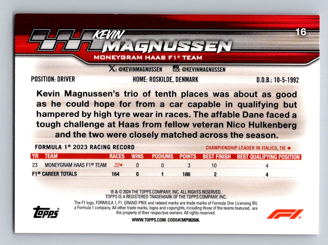 2024 Topps Paddock Pass Formula 1 #16b Kevin Magnussen Red Foil