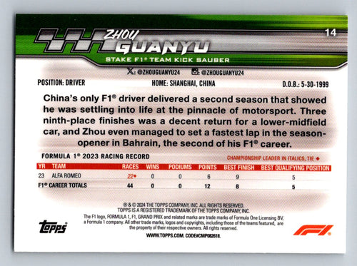 2024 Topps Paddock Pass Formula 1 #14a Zhou Guanyu Chrome