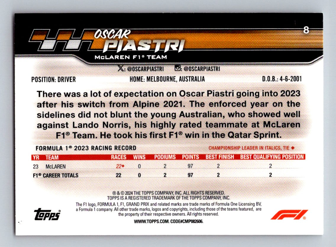 2024 Topps Paddock Pass Formula 1 #8b Oscar Piastri Red Foil