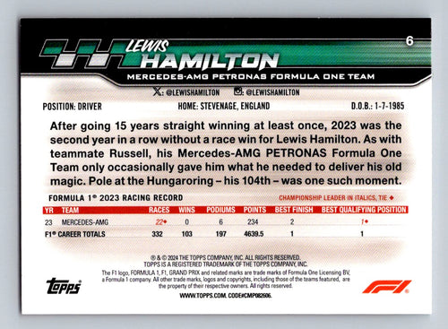 2024 Topps Paddock Pass Formula 1 #6b Lewis Hamilton