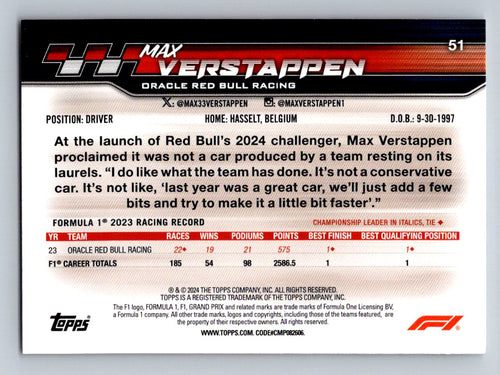 2024 Topps Paddock Pass Formula 1 #51 Max Verstappen Red Foil